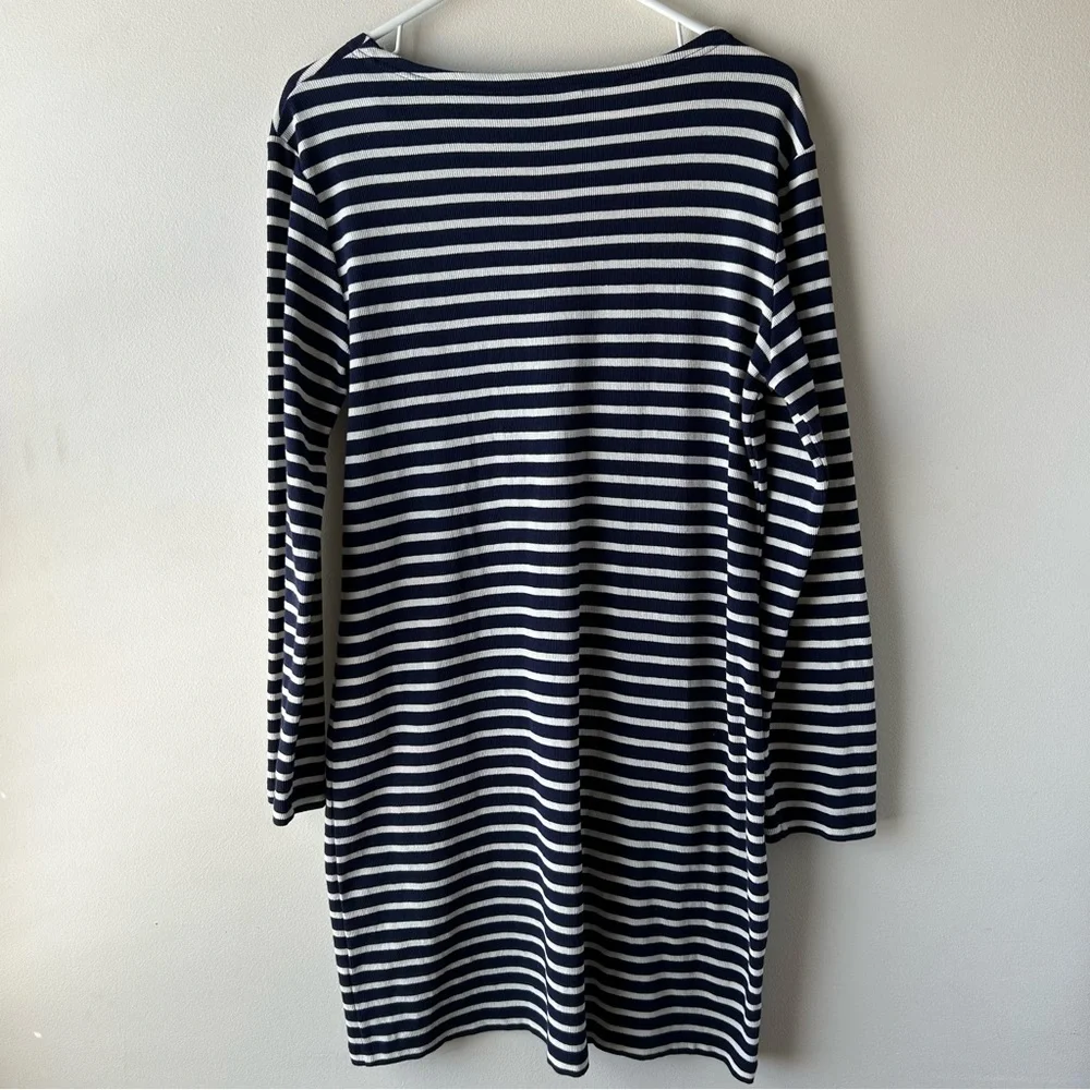 Sail to Sable 100% Cotton Stripe Long Sleeve Button Neck Dress Navy Ivory Gold M